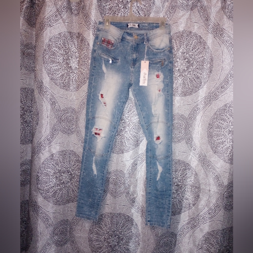 NWT Blue Topic Distressed Patchwork Paint Slapper SkinnyLeg Jeans Size Junior5/6 - Picture 4 of 12